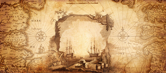 Old map collage background. A concept on the topic of sea, voyages, discoveries, pirates, sailors, geography, travel and history. Pirate, travel and nautical background.