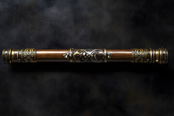 Fototapeta premium Classic ornate wooden staff with intricate metalwork displayed on a dark textured background