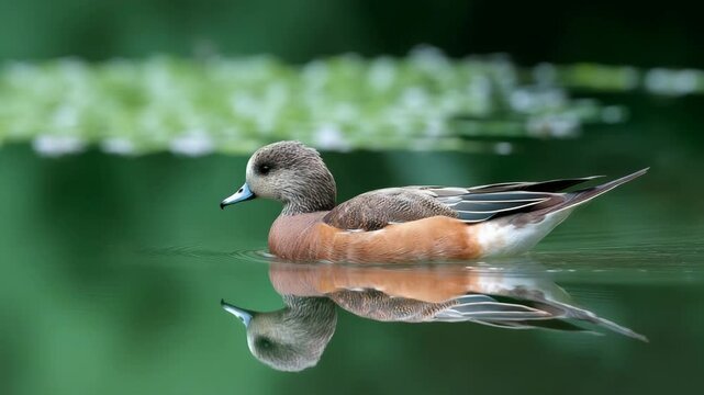 Beautiful wigeon duck swimming peacefully in a calm lake reflecting its image in the water, surrounded by green foliage, natural light