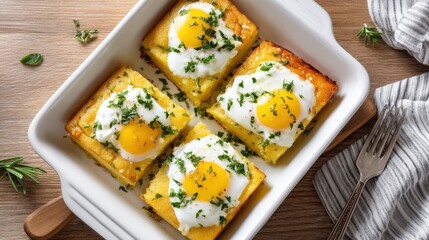 Baked eggs on herbed cornbread in white baking dish with fresh herbs garnish.