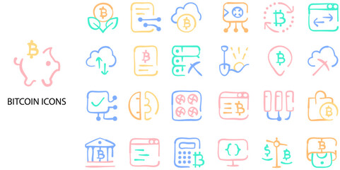 Bitcoin simple concept 24 Hand drawn color icons set. Contains such currency, finance, money, trade .Vector illustration.