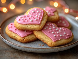 Pink heart-shaped cookies with white sprinkles, stacked on a plate. Warm lighting in background