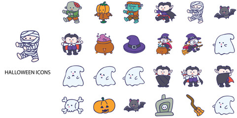 Halloween simple concept 28 Hand Drawn Color icons set. Contains ghost, pumpkin ,funny face, mask, doll. Vector illustration.