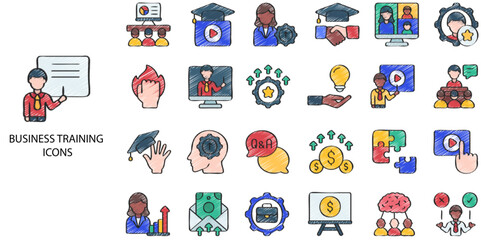 Business Training simple concept 24 hand drawn color icons set. Contains such  .Vector illustration.