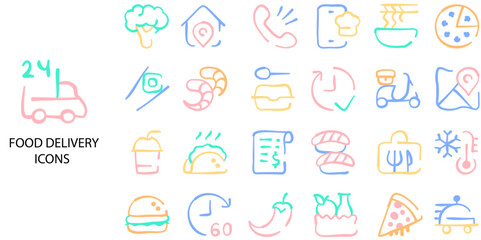 Food Delivery simple concept 24 hand drawn color icons set. Contains such food, delivering, order .Vector illustration.