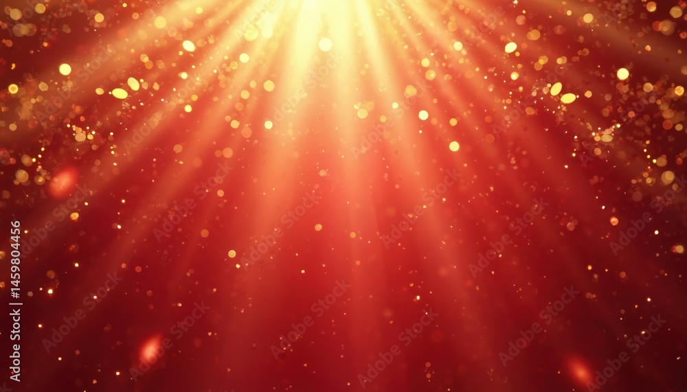 Poster abstract red background with golden bokeh lights and golden rays. festive design, perfect for celebr