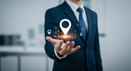 Location based services businessman holding gps pin for navigation and tracking application concept 100