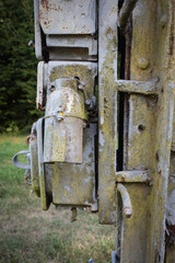 A rusted gate with a green mossy appearance