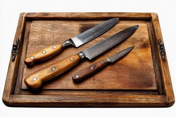 Wooden cutting board with three kitchen knives arranged professionally in a well-lit kitchen space