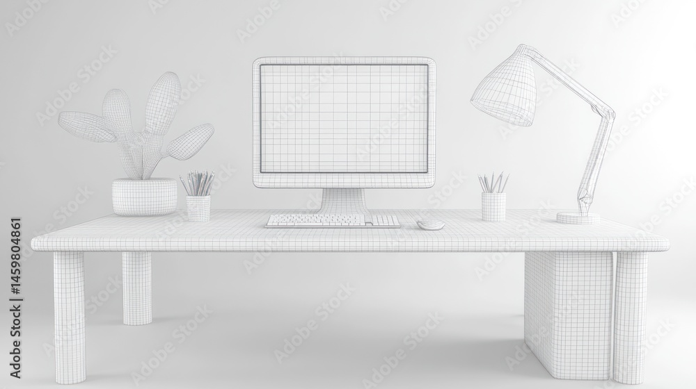 Poster minimalist wireframe desktop workspace: clean, modern computer setup
