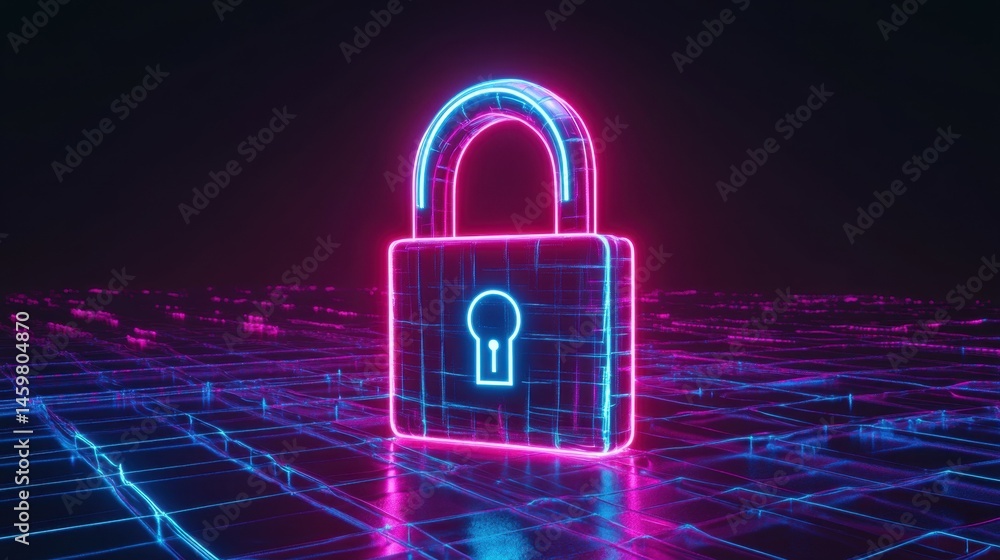 Poster a cyber lock made of neon lights in a virtual environment with a digital grid floor.