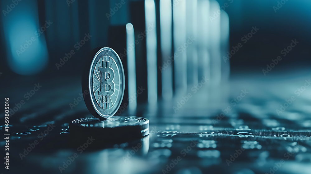 Poster close-up of a physical coin representing digital currency, standing on edge on a circuit board with 