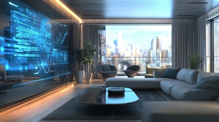 A holographic computer interface in a modern living room, displaying 3D data projections.