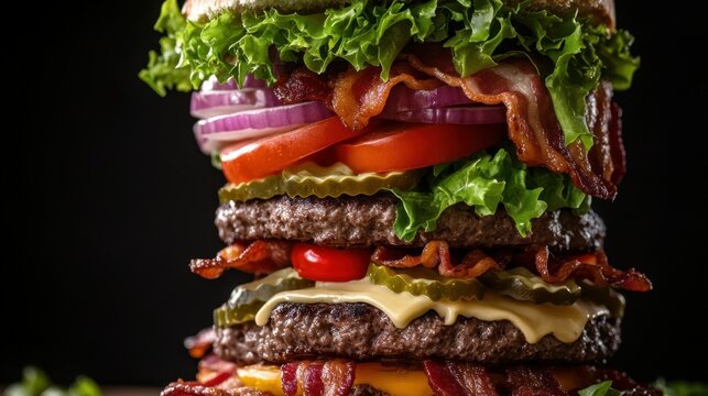 A visually appealing burger with multiple layers of ingredients, including patties, lettuce, tomatoes, and bacon, showcased in an artistic, dynamic manner.