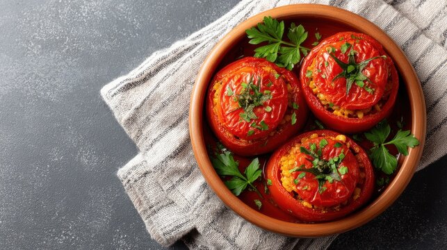 Delicious stuffed tomatoes with parsley on rustic cloth background.