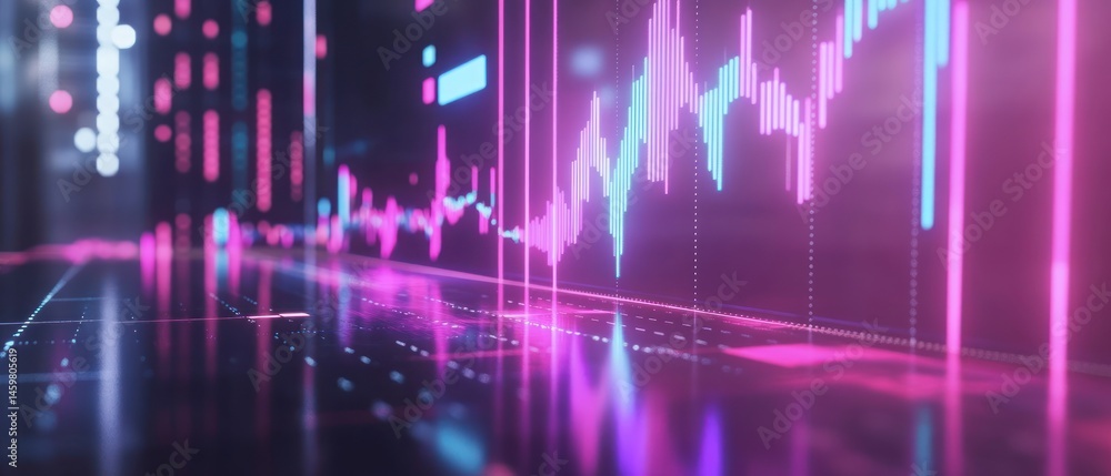 Poster neon stock market data visualization: abstract financial chart display