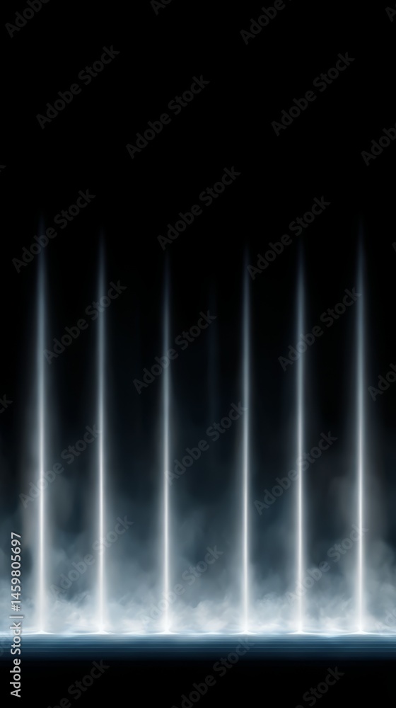 Poster focused godrays cutting through black background with misty volumetric beams and fading brightness i