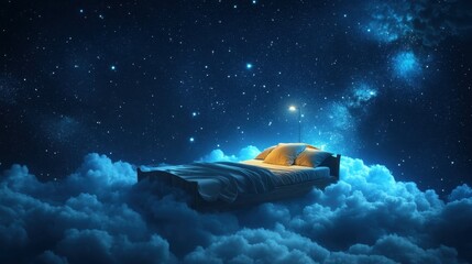 Dreamy bed floating on clouds, under a starry sky. Sleep. AI generated image