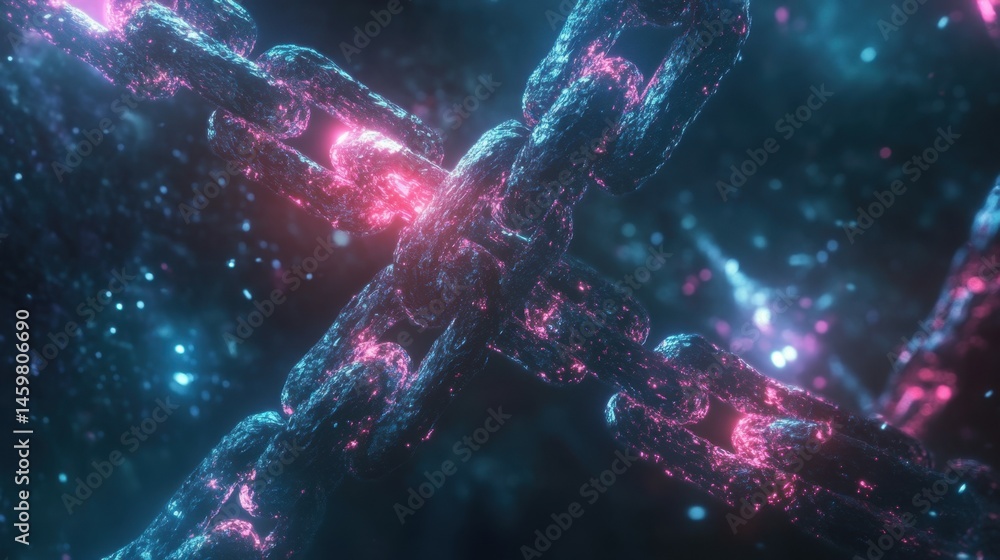 Poster a blockchain visualized as interconnected glowing chains in cyberspace.