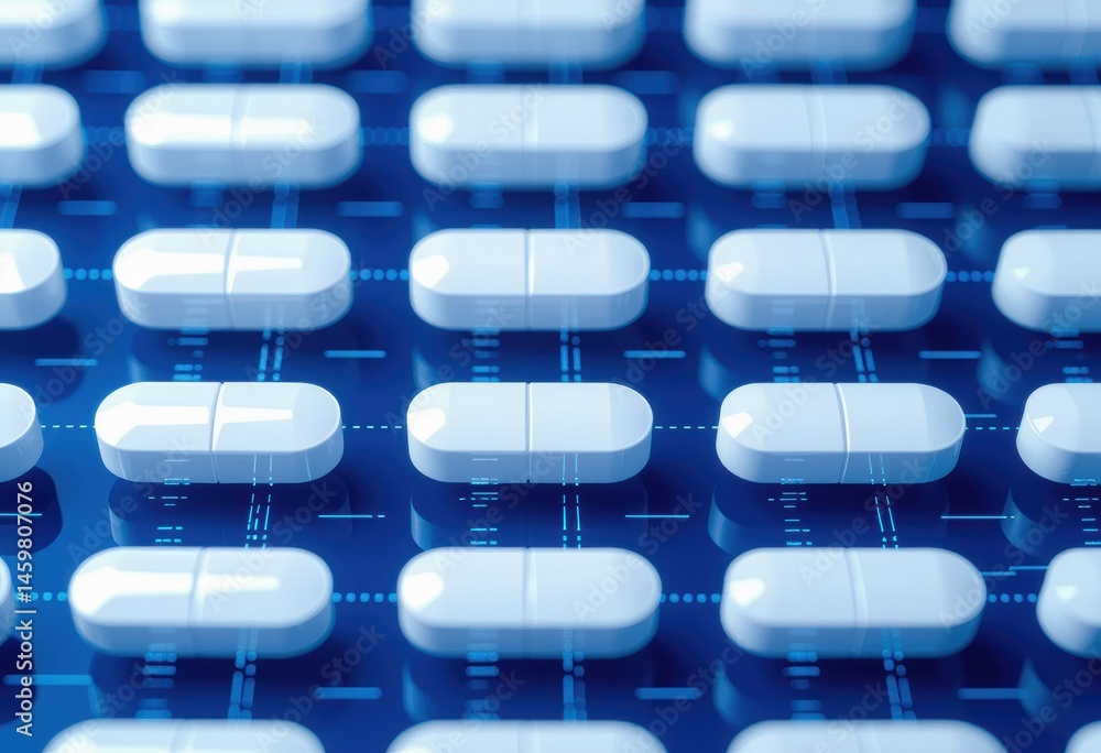 Poster close-up of white pills arranged in a grid pattern on a blue background