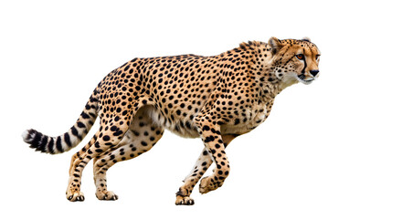 A cheetah in mid-stride, showcasing its speed and agility against a clear background, ideal for wildlife photography
