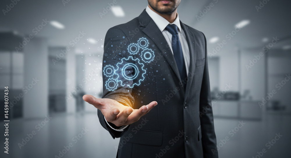 Poster businessman holding gears mechanism concept for business process automation and workflow management