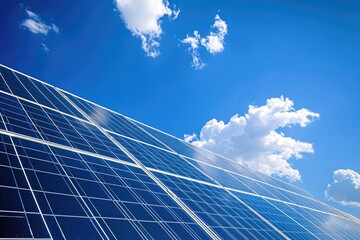 Solar panels against a bright blue sky with scattered white clouds.  Close-up view of the panels' dark-blue surface