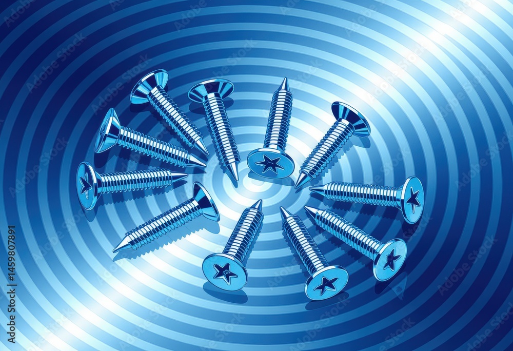 Poster blue screws arranged in a circular pattern on a vibrant background