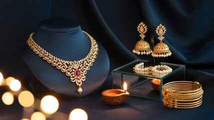 A luxurious gold jewelry display against a dark background with warm bokeh lighting effects.