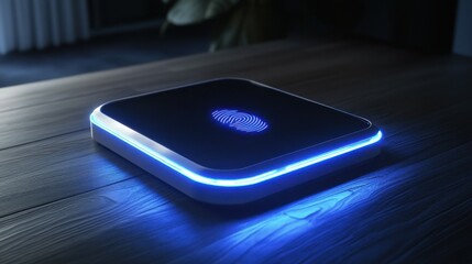 A biometric scanner with a glowing fingerprint on the screen, modern design.