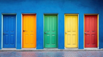 Row of five colorful doors in orange, blue, green, yellow, and red against a blue wall. Choice concept