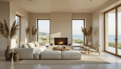A serene living room showcases minimalist design with a neutral color palette, expansive windows framing a coastal view, and natural textures enhancing the tranquil atmosphere.
