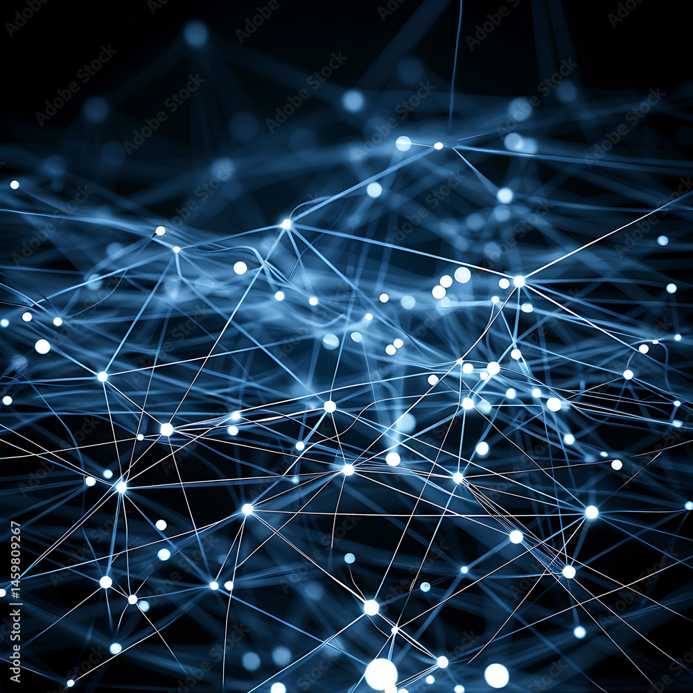 Poster abstract network of glowing blue and white nodes and lines on a dark background, representing data, 