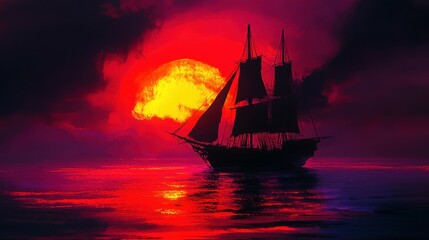 Fototapeta premium Silhouetted Ship Against a Vibrant Sunset