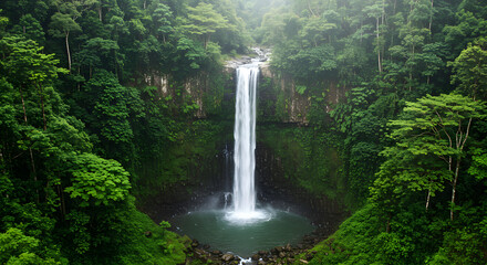 Lush Green Rainforest Waterfall Cascading into a Pool