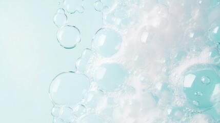 Transparent water bubbles rising on a soft light blue background, perfect for spa, skincare, cleansing, or hygiene concepts. Fresh, airy texture ideal for banners and product packaging..
