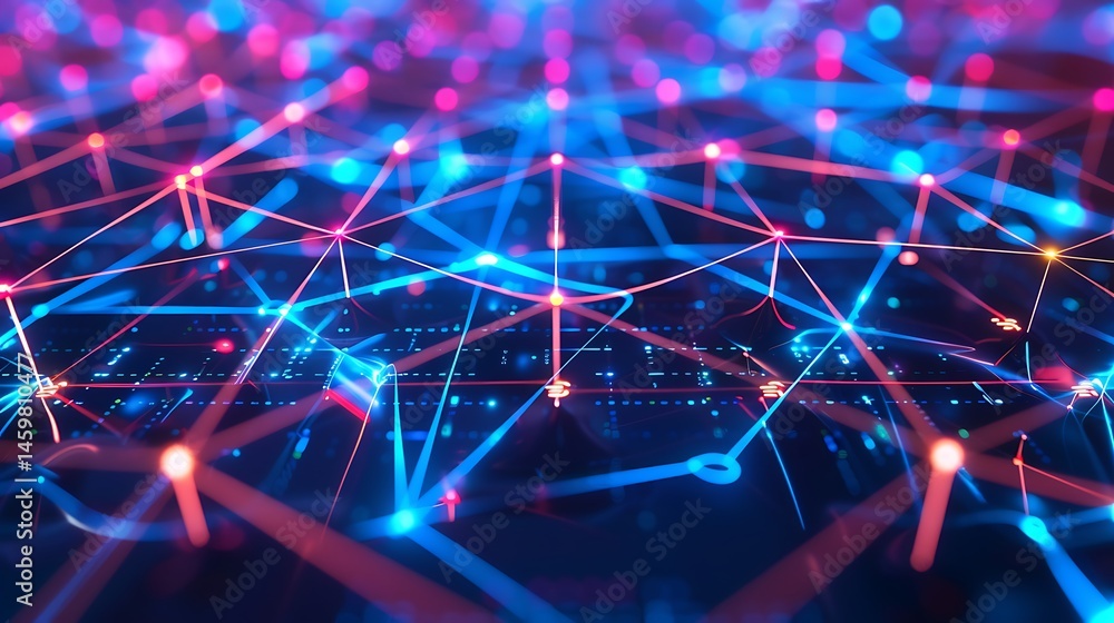 Poster abstract glowing network of interconnected nodes and lines in vibrant pink and blue on a dark backgr