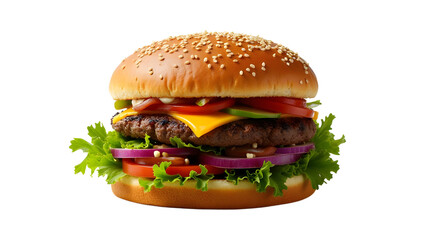 A delicious hamburger with fresh lettuce, tomatoes, onions, and cheese on a sesame seed bun, isolated on a clean background