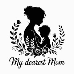 Mother's Day Silhouette of Mother Holding Child with Floral Frame – Vector Illustration
