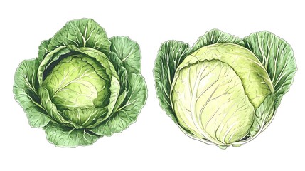 Fototapeta premium Hand-drawn illustration of two heads of fresh cabbage.