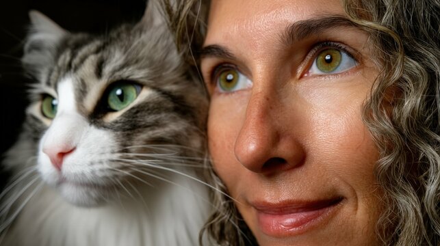 Elderly woman hugging fluffy cat, National Hug Your Cat Day, whiskers, green, gray, red