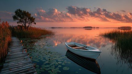 Obraz premium Summer Lakeside Sunset Panorama with Wooden Pier and Lily Pads, Golden Hour Reflections for Ecological Documentaries and Tourism Promotion