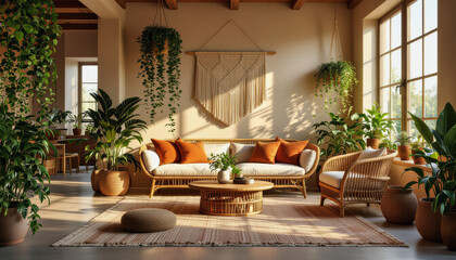 Obraz premium Sunlight floods a cozy living room featuring a rattan sofa, woven furniture, lush greenery, and a macrame wall hanging, creating a serene and bohemian atmosphere.