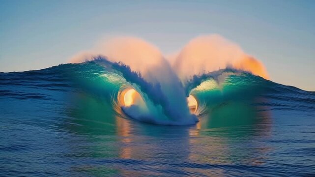 Dreamlike dawn ocean, giant spiral wave approaching viewer, white sea forming artistic patterns, soft blue ocean, pink and coral sunrise sky, calm surreal mood, cinematic atmosphere, hyperrealism