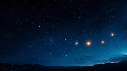 astrology, planetary alignment concept Starry night sky with bright celestial bodies over a dark landscape.