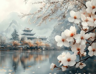 Misty Mountain Temple with Cherry Blossoms.
