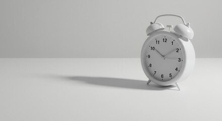 Minimalist white alarm clock on clean background illustrating time concept.