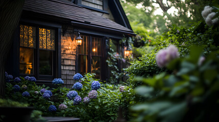 A cozy cottage with a front yard full of blooming hydrangeas.