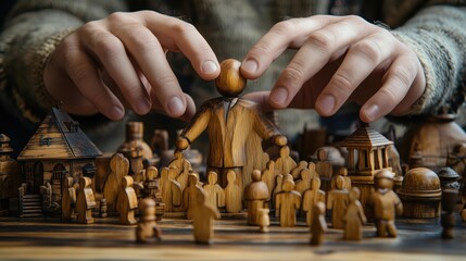 Hands controlling wooden figurines in political scene concept, symbolizing control and power influence.