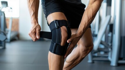 A dedicated athlete is fitting a knee brace while training in a modern gym setting with various exercise equipment around. This action focuses on preventing injury and enhancing support